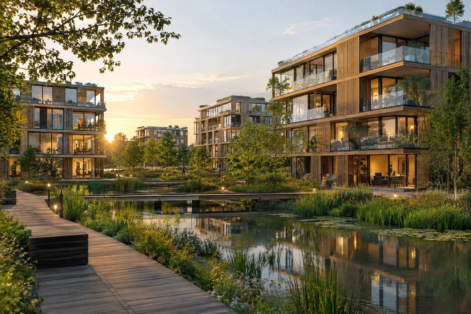 Duurzaam woongebied bij zonsondergang
