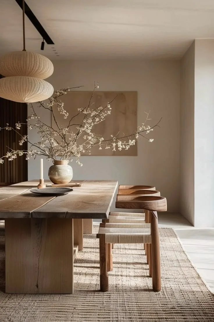 Lichte eetkamer met houten tafel, rieten stoelen en een vaas met bloesemtakken